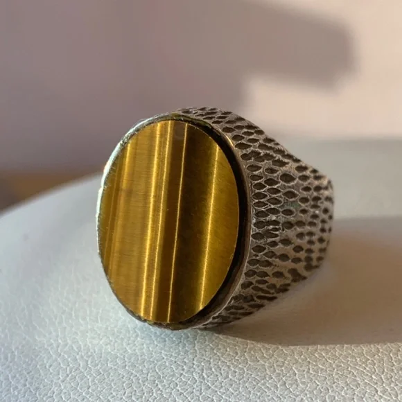 VINTAGENAVAJO NATIVE AMERICAN 925 SS TIGER EYE LARGE SIGNET RING MENS WOMANS
